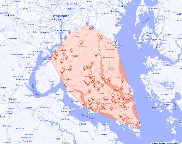 service area map for Burch Oil & Propane showing where they serve customers in Southenr Maryland with propane, heating oil, HVAC and fuel solutions.