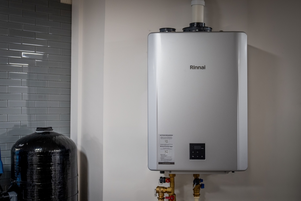 Rinnai tankless water heater on wall