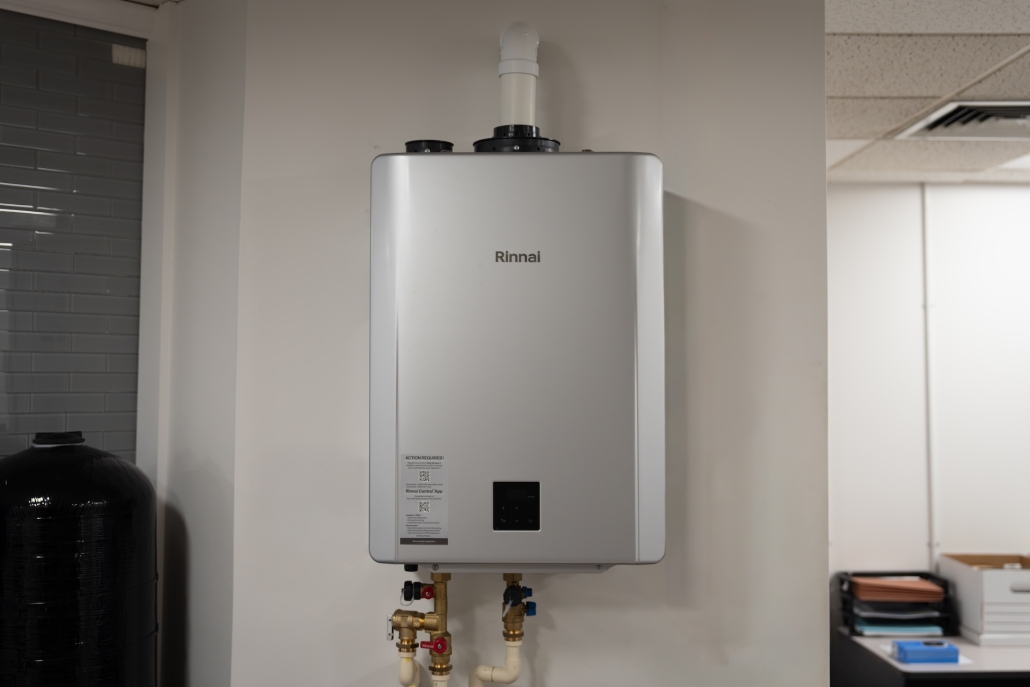 Rinnai tankless water heater on wall